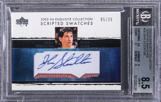 2003-04 UD "Exquisite Collection" Scripted Swatches #JS John Stockton Signed Card (#05/25) - BGS NM-MT+ 8.5/BGS 10
